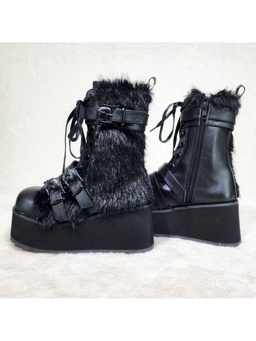 NIB DEMONIA 118 Furry Goth Punk Rock 3.25" Platform Boot Black